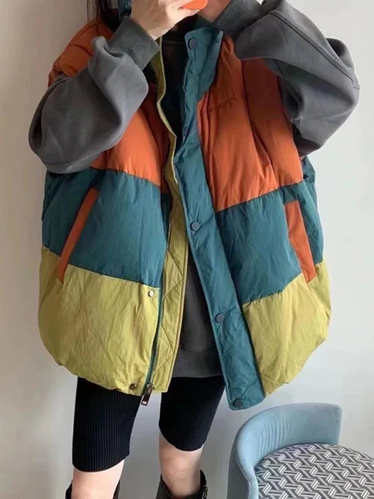 Extra große 300-Pou Thiened Damenweste Herbst Winter Lose Patchwork Brotmantel Jaet Starke Wärme Reißverschluss