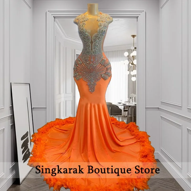 

Chic Orange Prom Dresses Black Girls 2026 Feathers Mermaid Long Party Dress Gala Crystal Robe De Bal Evening Gowns Customized