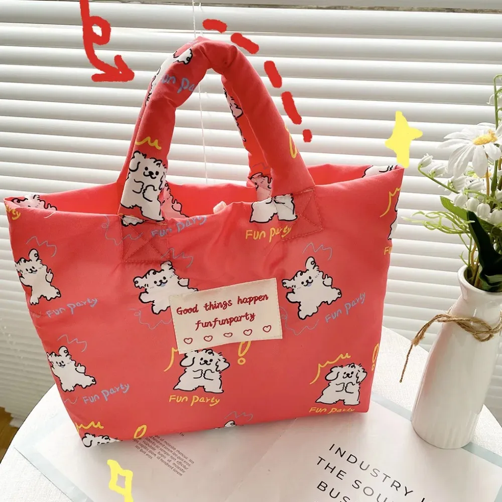 Bolso de mano acolchado de algodón con diseño de perro de dibujos animados, bolsa de hombro de flores de gran capacidad para mamá, tulipanes, estilo coreano, escuela