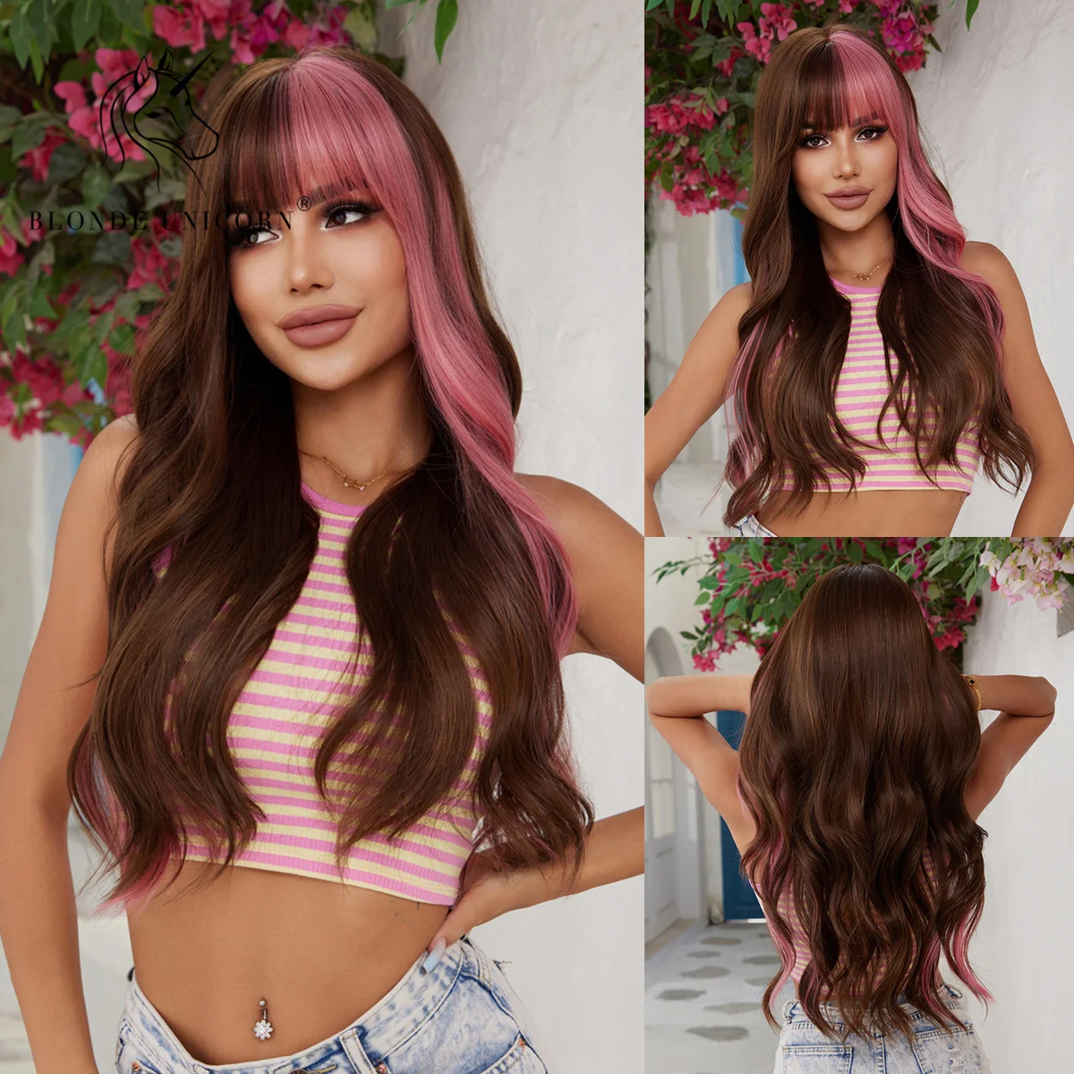 

Blonde Unicorn Synthetic Pink Brown TwoTone Long Wavy Wigs with Bangs Cosplay Party UseHeat Resistant Fiber for Women