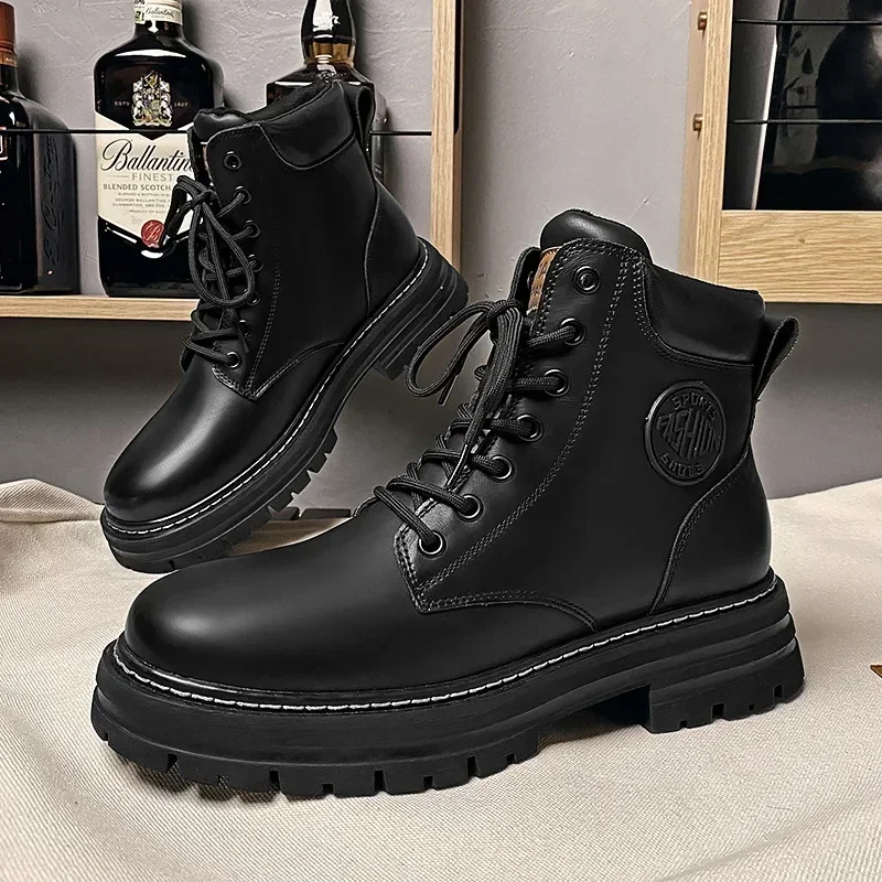 

Quality Retro Casual High Top Boots for Men Chunky Rhubarb Boots Men's Motorcycle Boots Lace-Up Work Footwear Botas Para Hombre