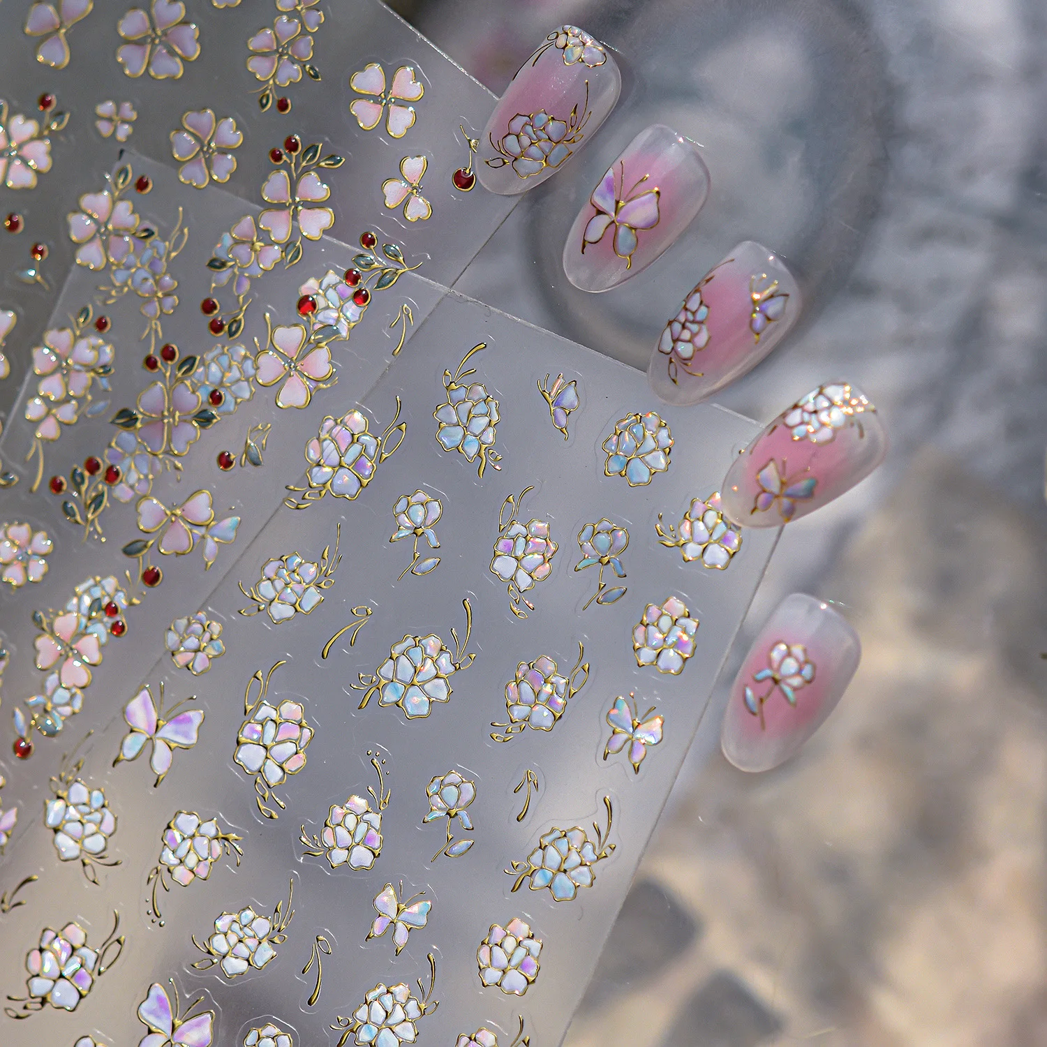 Mother-of-pearl Inlay Peony Peach Blossom Cherry Red Bean Butterfly Golden Stroke Green Leaves Flower DIY Nail Art Sticker Decal