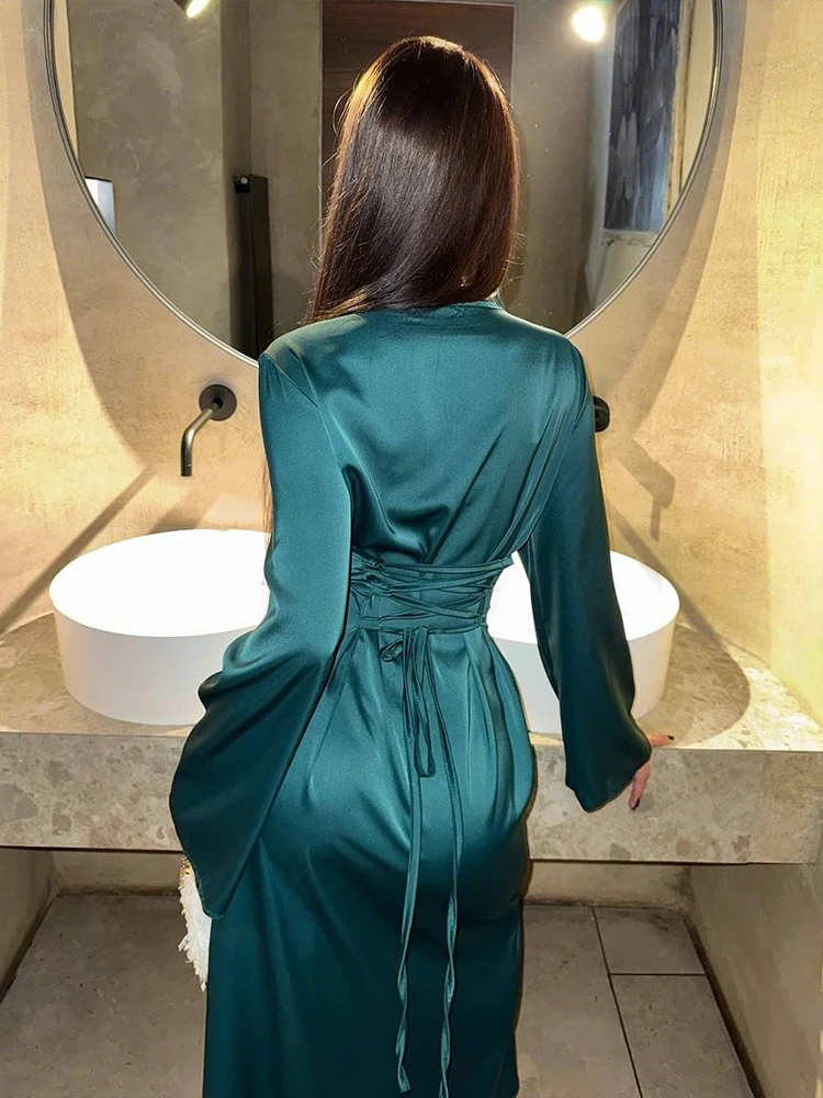 Sisterlinda froncé Satin Sexy robe Maxi femmes à manches longues Simple classique élégant soirée bal Cocktail maigre moulante