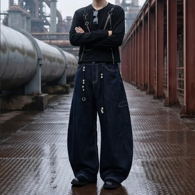 

2026 Spring American Style Deep Blue Men's Boot Cut Jeans Loose Wide Leg Casual Cleanfit Denim Long Pants