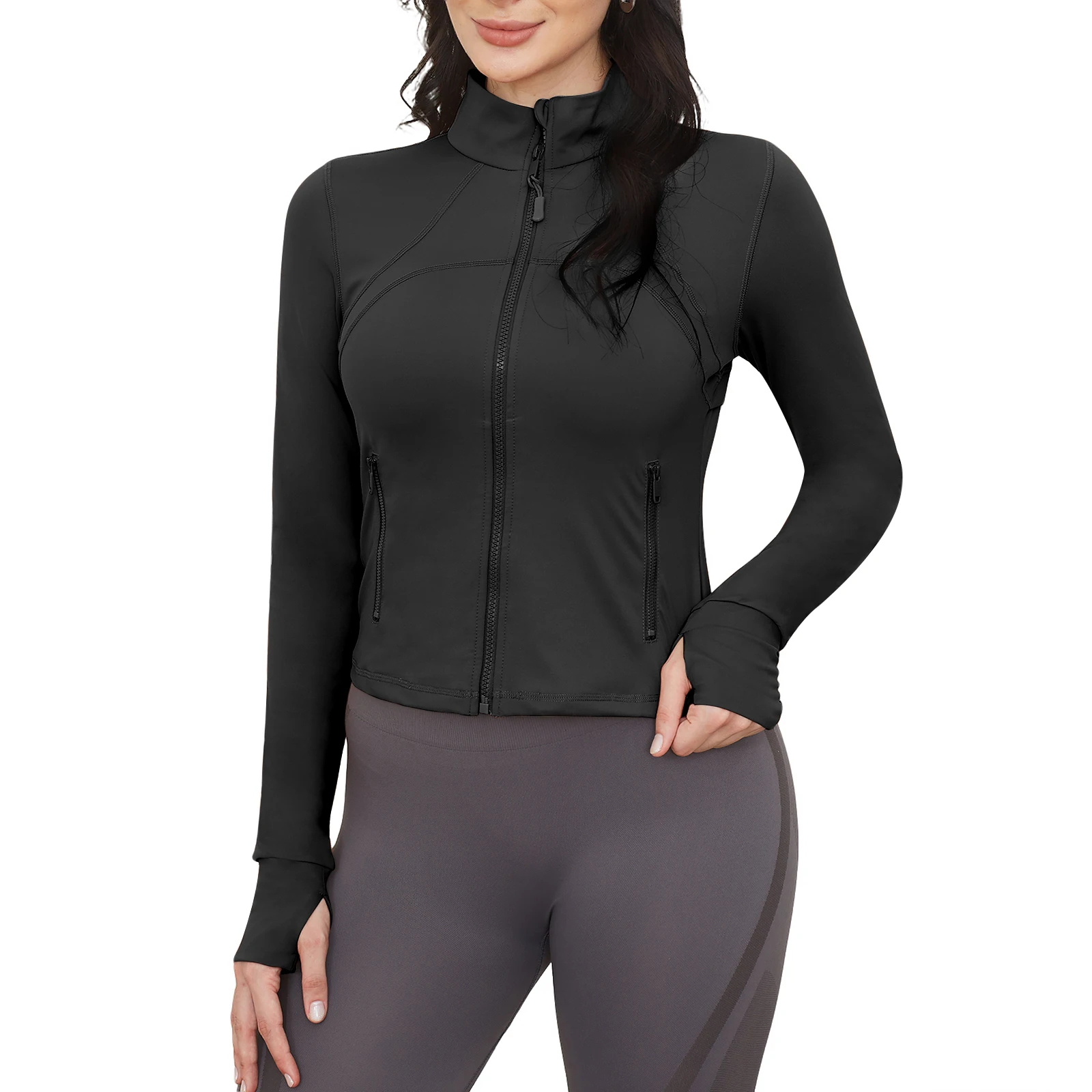 Ladies' Standing Collar Long Sleeved Waist Yoga Suit Outdoor Exercise Jacket Outerwear Fitness Suit