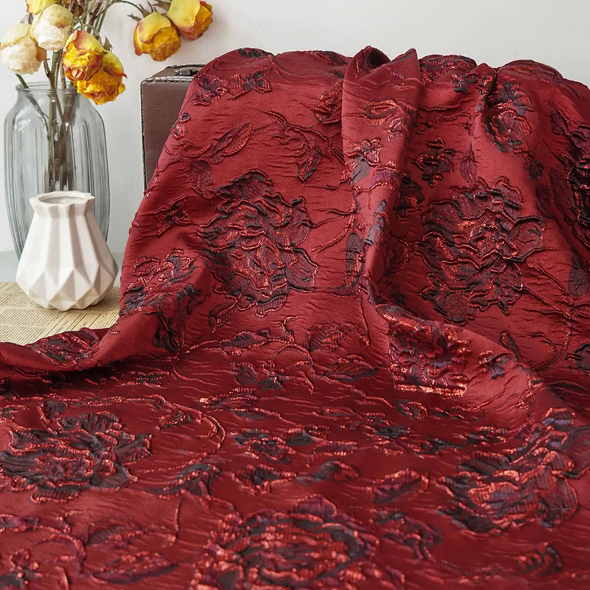 Gold Embossed Rose Yarn Dyed Jacquard Fabric Elegant Dress Skirt Bag Decorative Sewing Fabric