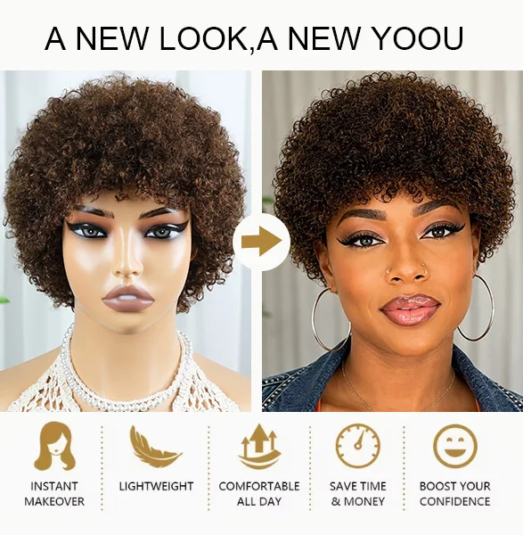Human Hair Afro Kinky Curly Wig Brazilian Brown Short Pixie Cut Wigs For Women African Curly Full Machine Made Wig