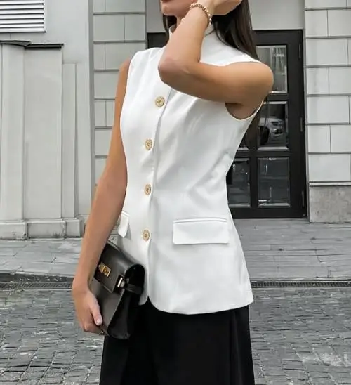 

Top Women 2025 New Versatile Fashion Temperament Sleeveless Vest Top White Stand Collar Commuting Casual Shirt Top