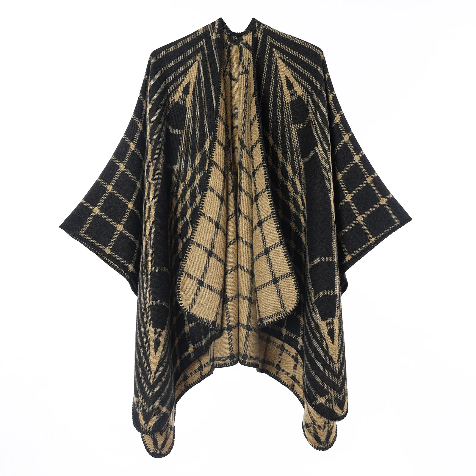 Irregular geometric jacquard cape shawl for autumn and winter, faux cashmere thermal pullover, split head, and cape worn over it