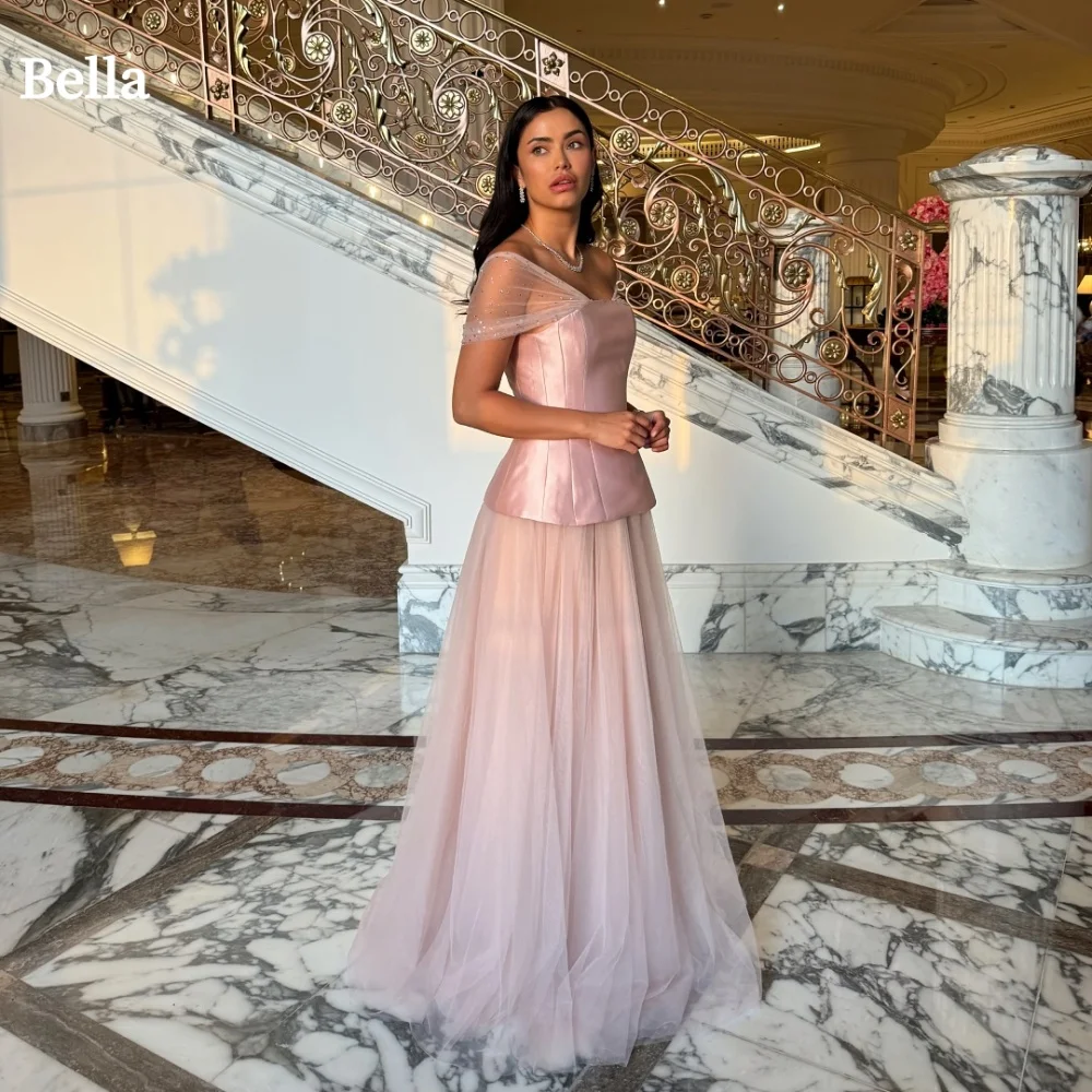 

Bella Customized Pink Sequins Mesh Fabric Satin robes de soirée Strapless Evening Dresses Sleeveless A-line Wedding Dress 2024