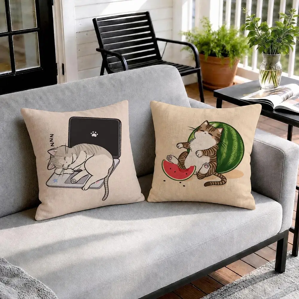 Cute Lazy Cat Cartoon Cushion Cover Natural Linen Organic Fabric Double-Sided Printing Sofa Home Decor Gift Pillow Cover