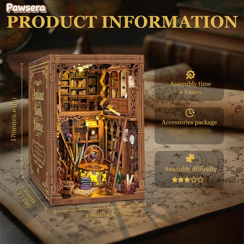 

Книжный уголок Pawsera Myriad Book House: Ретро-дизайн, деревянный, для самостоятельной сборки, с миниатюрными фигурками, для декора дома, ручная работа, подарки