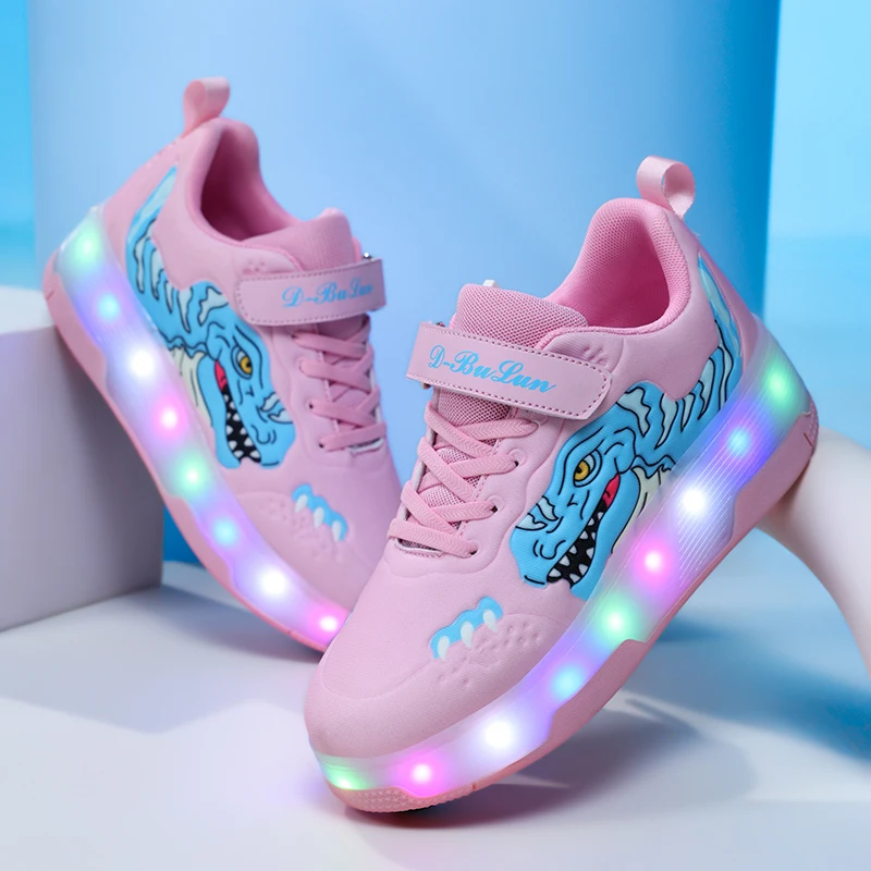 

Child Sports Shoes with Wheels Kids Fashion Roller Shoes Students Four Wheels LED Roller Skates Shoe Couple Light-up Sneakers
