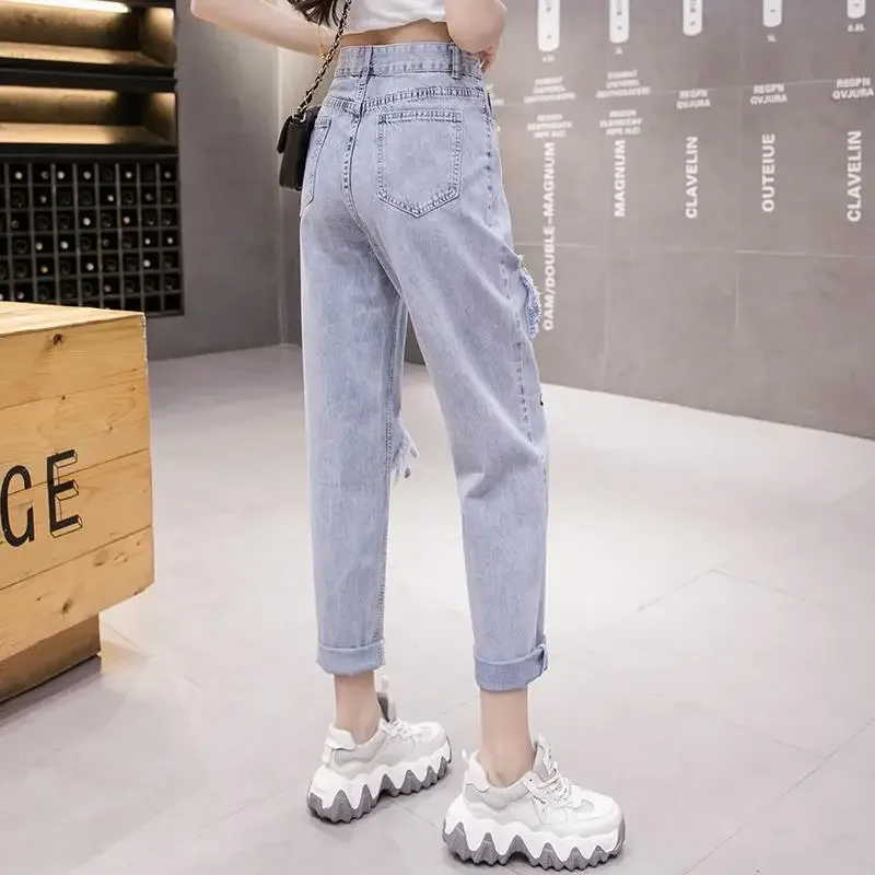 

With Holes Women's Jeans Loosefit Female Cowboy Pants Korean Popular Clothes Vibrant 90s 2025 High Quality Shiny Cheap Trousers