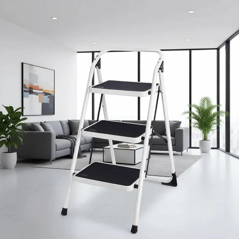 

Прочная легкая стальная 3-ступенчатая лестница с ручкой и противоскользящей платформой, грузоподъемность 340 фунтов (черная)