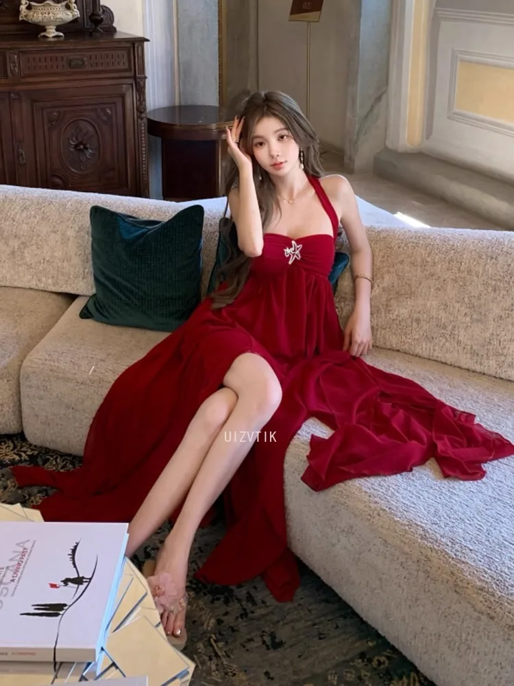 Sommer Rot Elegan Sexy Unregelmäßige Rüschen Party Abendkleid Frauen Schlank Ärmellose Backless Lange Kleider Urlaub Strand Robe