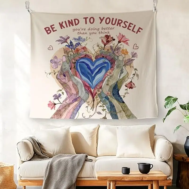 VIKAMA Be Kind To Yourself Watercolor Heart Flower Wall Tapestry Beige Self Love Quote Hand Holding Blue Floral Bedroom Living