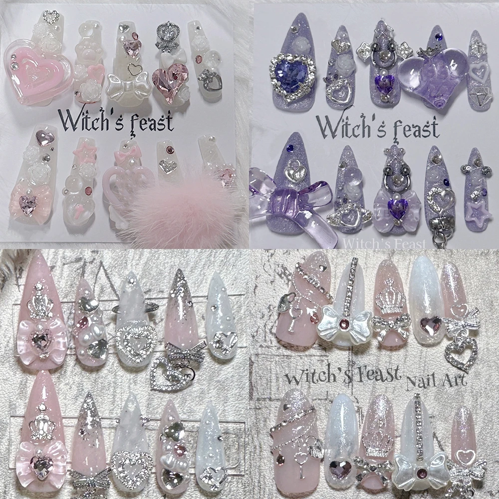 

Y2K Spicy Girl Handmade Long Almond Detachable Full Cover Nail Fashion 3D Love Pearl Bowknot Diamond Flowers Press On Nails