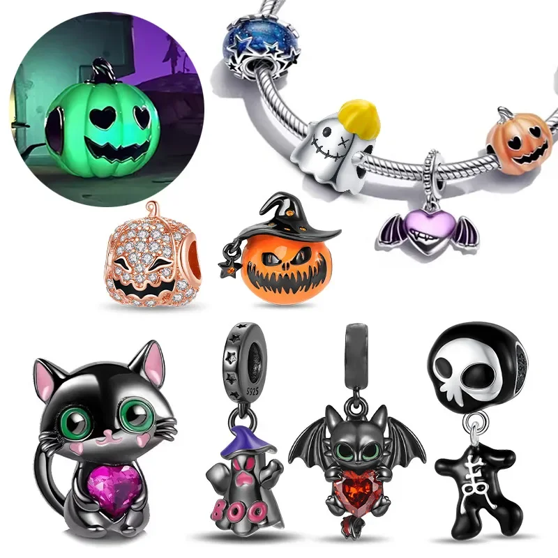 Sterling Silver 925 Happy Halloween Pumpkin Black Cat Charms Bead Pendant Fit Pandora Bracelet for Women Diy Holiday Souvenirs