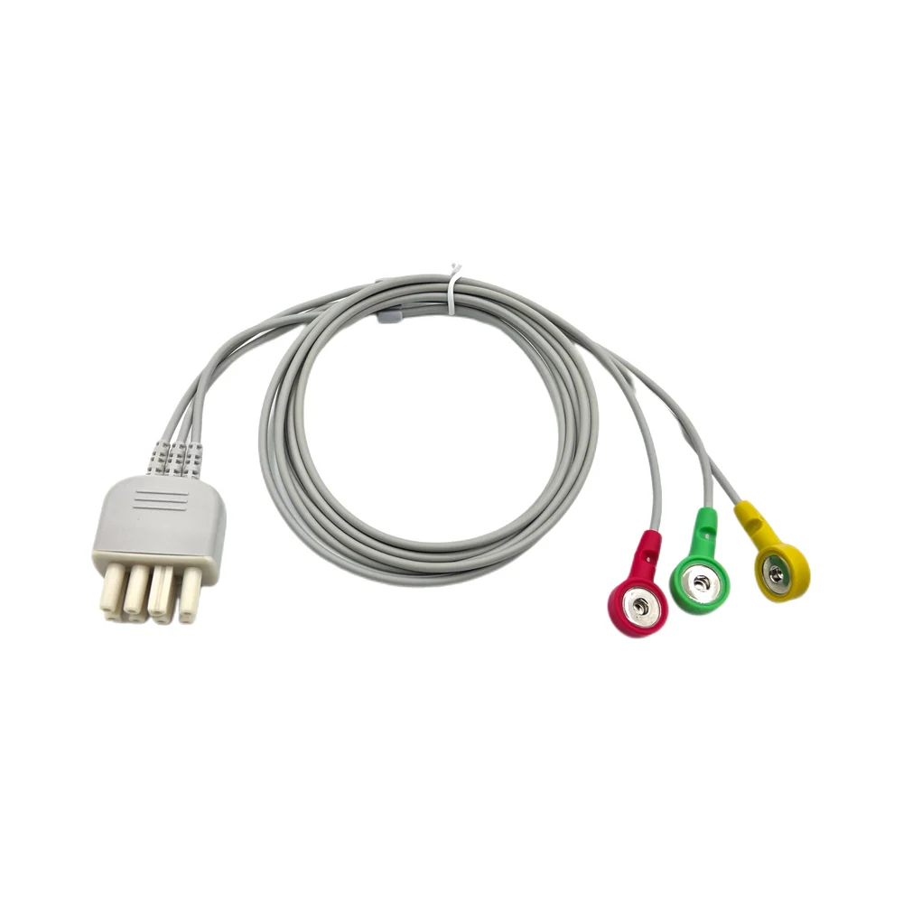 ECG Cable 3 Lead, AHA IEC, TPU Leadwire 2.8m, One-Piece or Split, Snap Clip Terminal, for Patient Monitor, CE Class I