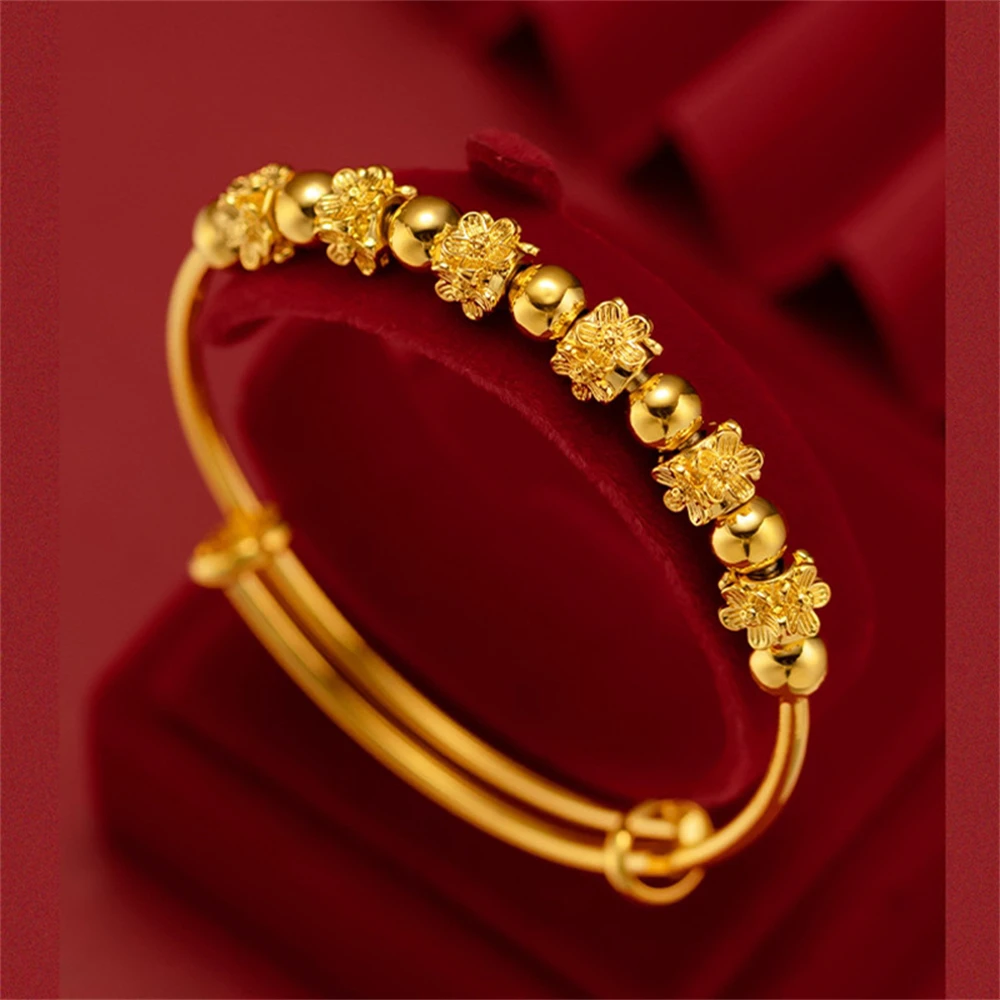 Women\'s Hand Bracelets Yellow Gold Plated Flower Beads Cuff Bangles Pulsera Femme Wedding Jewelry Accessories Party Gifts