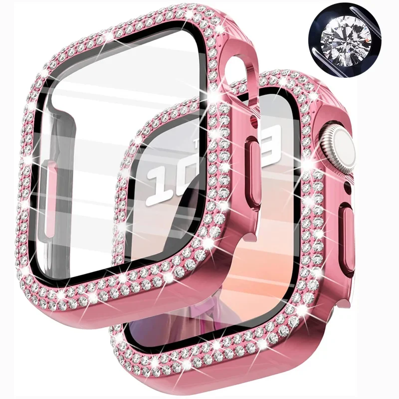 Bling Glass+Cover For Apple Watch Case 44mm 45mm 41mm 40mm 42mm 44 mm Diamond bumper+Screen Protector iwatch series 7 9 8 5 6 SE