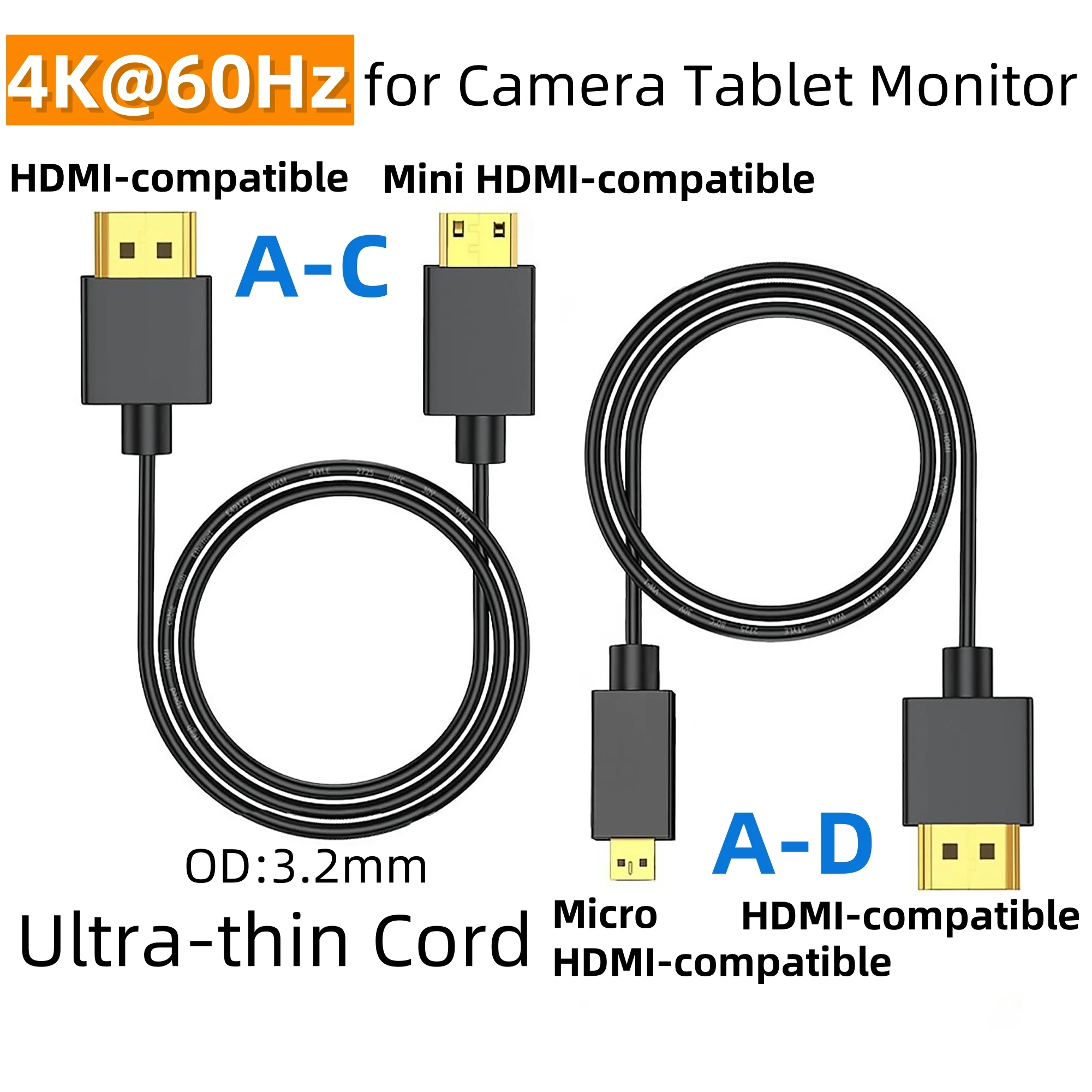 4K@60Hz 18Gbps HD Cable Mini/Micro HDMI-compatible to HDMI-compatible OD3.2mm Ultra-thin Cord for Camera Tablet Notebook Monitor