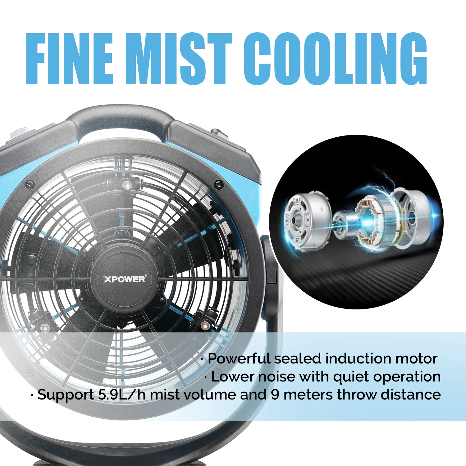 مروحة رذاذ XPower FM-68 تبريد خارجي تتأرجح شديدة التحمل وقوية عالية السرعة مثالية للتخييم والباحات والنزهات والمزيد