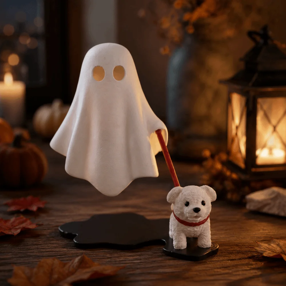 3D Printed Dog-Walking Ghost Decor Ornaments Creative Halloween Decorations Funny Cute Ghost LED Night Light Bedroom Decoration