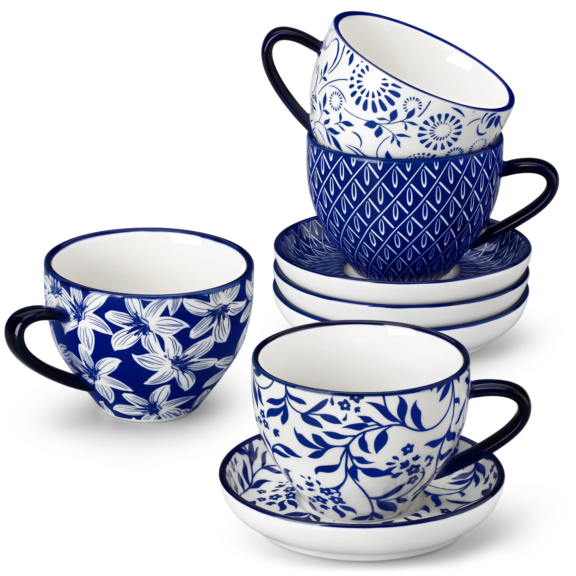 vancasso Selene Tasses et soucoupes à café expresso - 4 x 240 ml - Tasse en porcelaine avec poignées pour thé, café, cappuccino - Résistantes au lave-vaisselle et au micro-ondes - Bleu et blanc vintage