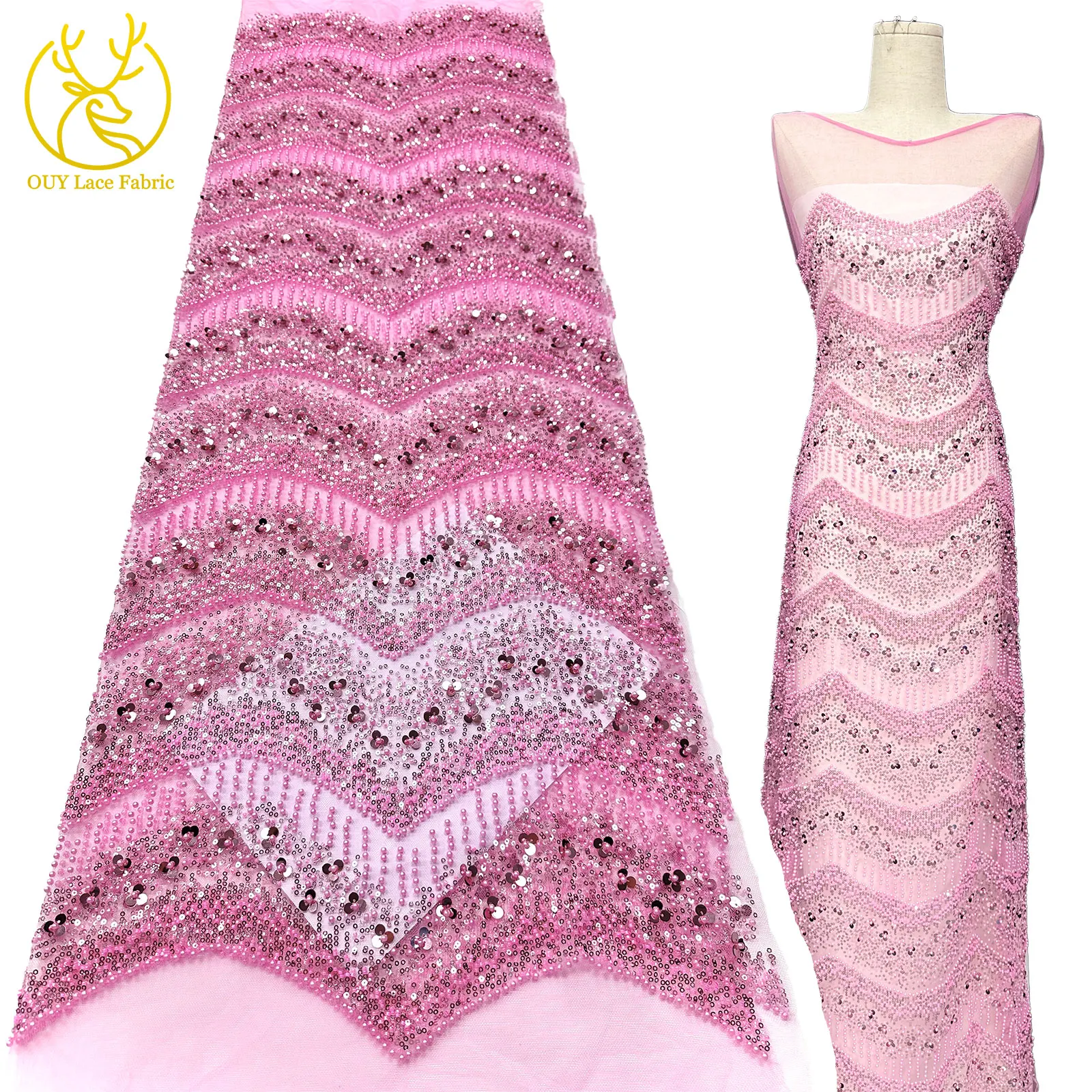 

France Elegant Fashion Pink Handmade Beaded Lace Fabric 2025 Africa Nigeria Sequins Mesh Lace Fabric For Wedding Dresses 5 Yards