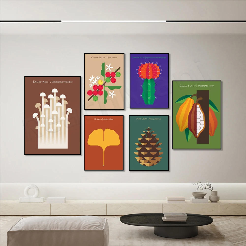 Mid-century modern pine cones, blueberries, moon cactus, enoki mushrooms, cocoa plants, Japanese perilla leaves, coffee poster,