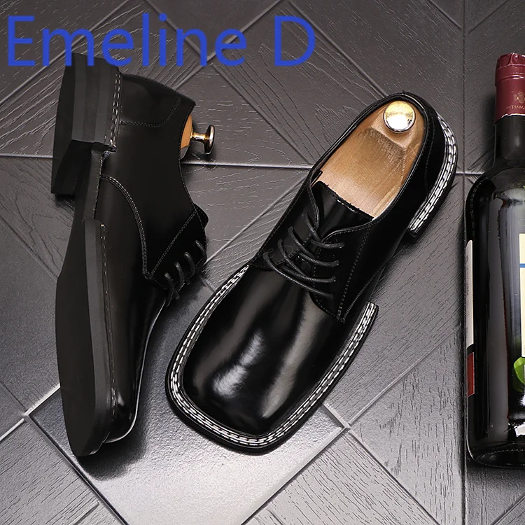 

Men's Square Toe Leather Shoes Are Fashionable Trendy Low Cut Black Lace Up Casual Comfortable Flat Bottomed Single Shoes
