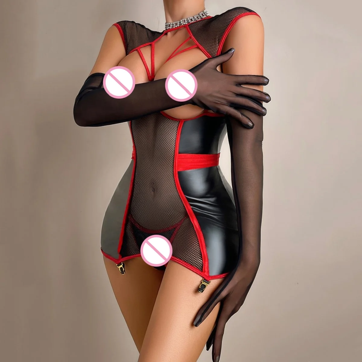 Fashion perspective hollow cup fishing net color blocked patchwork leather jacket dress three piece set with gloves