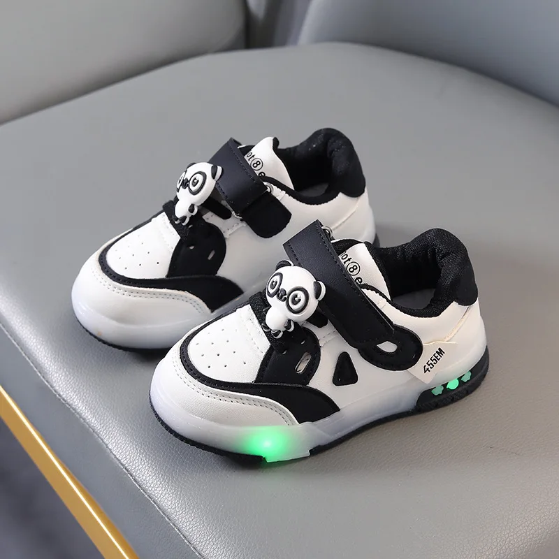 Kid Shoes LED Luminous Sneakers Cartoon Panda Skateboard Sports Shoes Girls Casual Board Shoes Outdoor Baby Walking Toddler Shoe