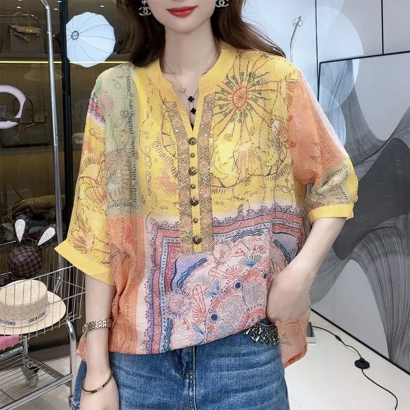 Casual Half Open Collar Blouse Beading Button Summer Vintage Printed Half Sleeve Female Clothing Loose Stylish Diamonds Shirt