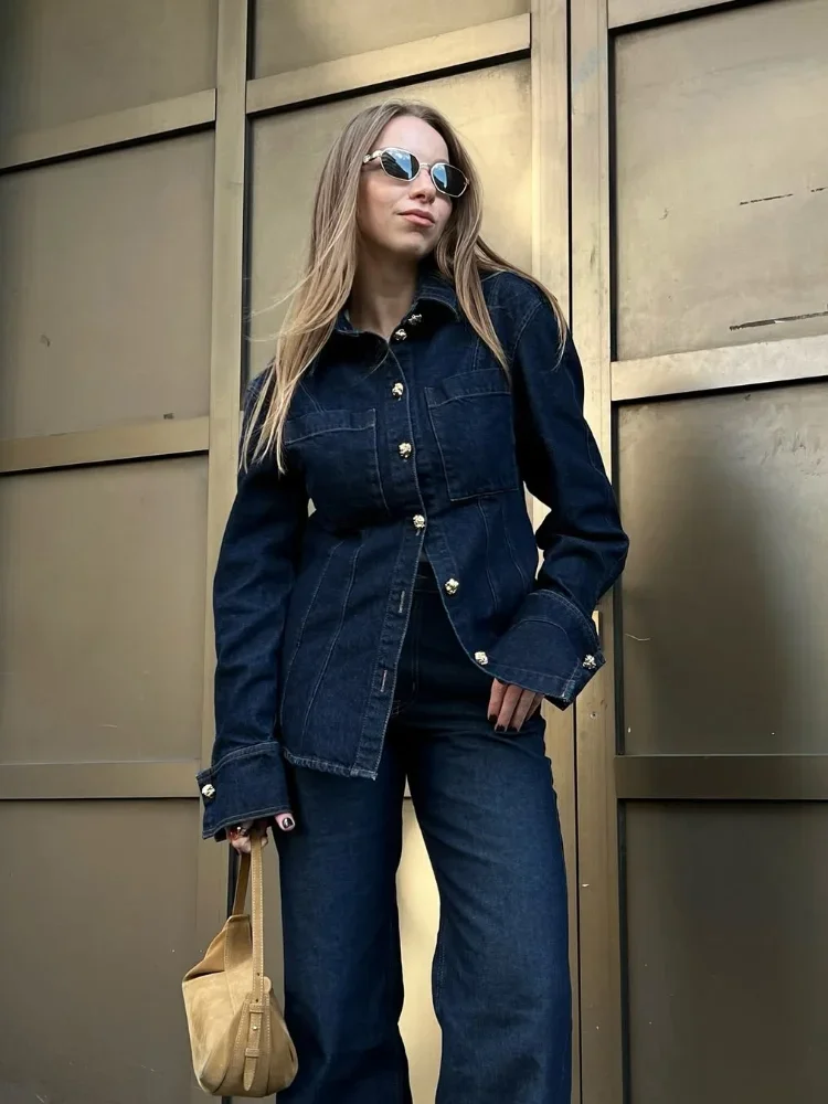

High Street Denim Shirt Jean Set Women Lapel Waist Up Long Sleeve Single Breasted Pocket Jacket Straight Trousers Lady Outfit