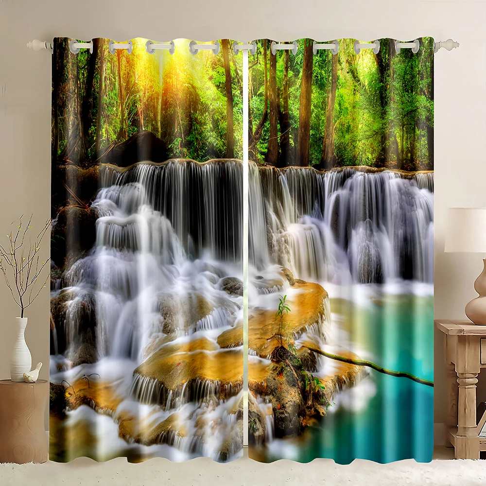 Waterfall Window Curtains with Nature Landscape Theme Sunshine Forest River Scenery Scene Print Pattern Privacy Blackout Curtain