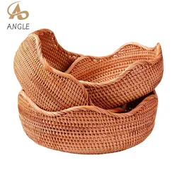 Round Rattan Fruit Basket, Wicker Woven Snack Tray, ,Bread Food Organizer, Kitchen Storage, Home Decoration