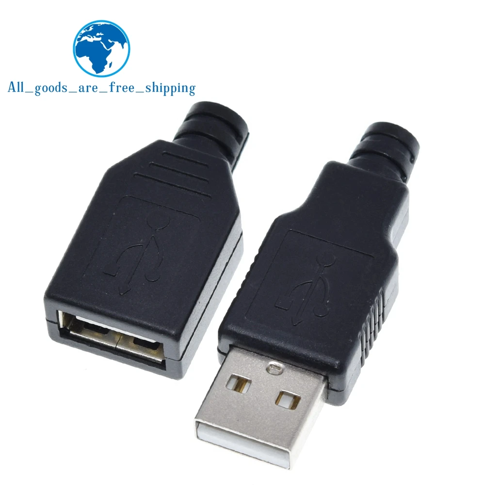 TZT 1/5Set Type A Male USB 4 Pin Plug Socket Connector +Type A Female USB 4 Pin Plug Socket Connector With Black Plastic Cover