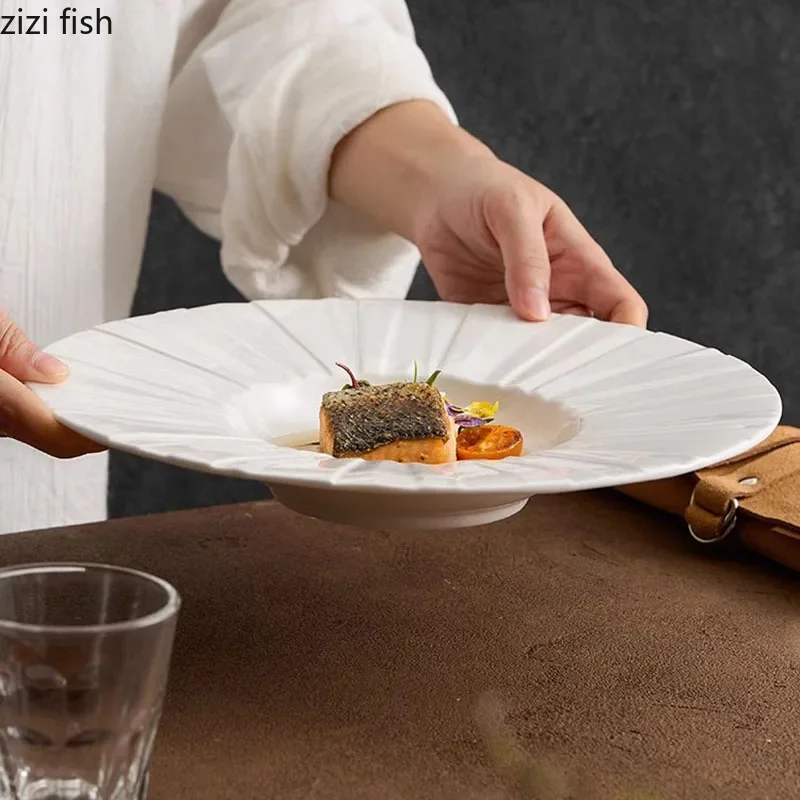 

Pure White Irregular Striped Ceramic Plate Salad Plate Pasta Plate Thick Soup Plates Dessert Plates Molecular Cuisine Tableware