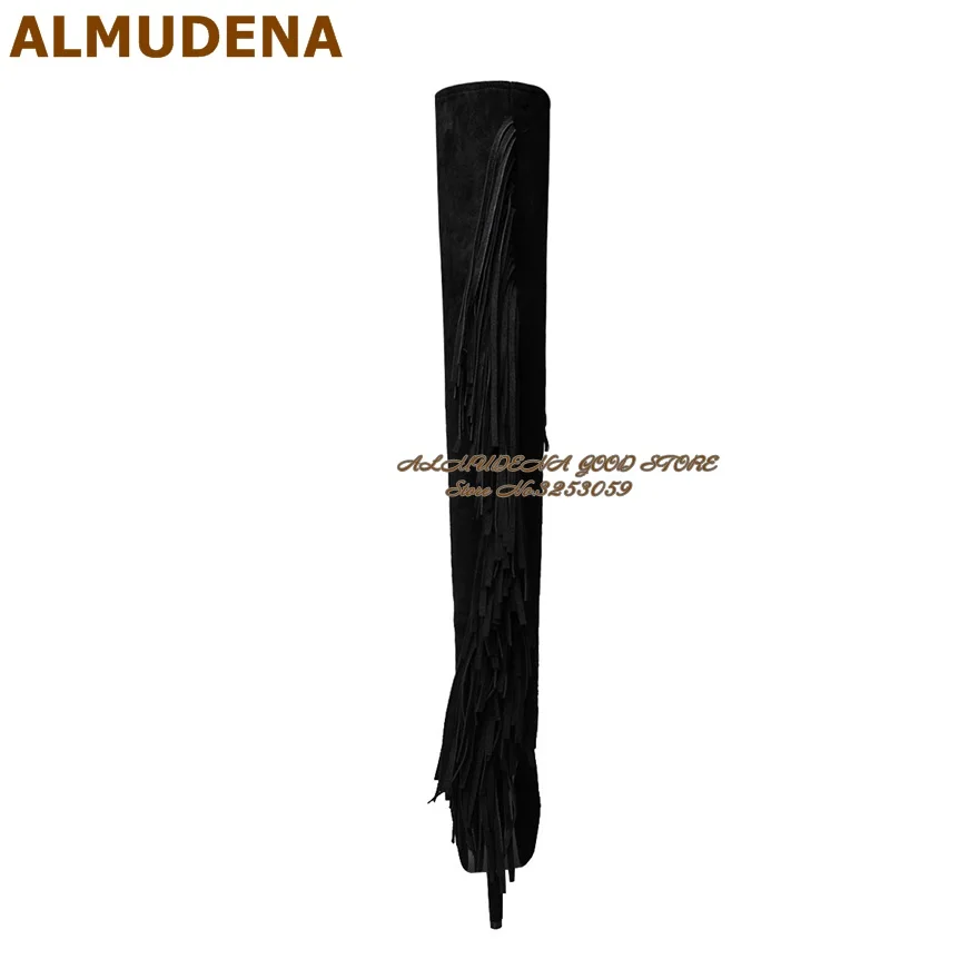 ALMUDENA Black Suede Fringe Over The Knee Boots Stiletto Heels Inside Platform Long Boots Elegant Tassel Zipped Dress Shoes