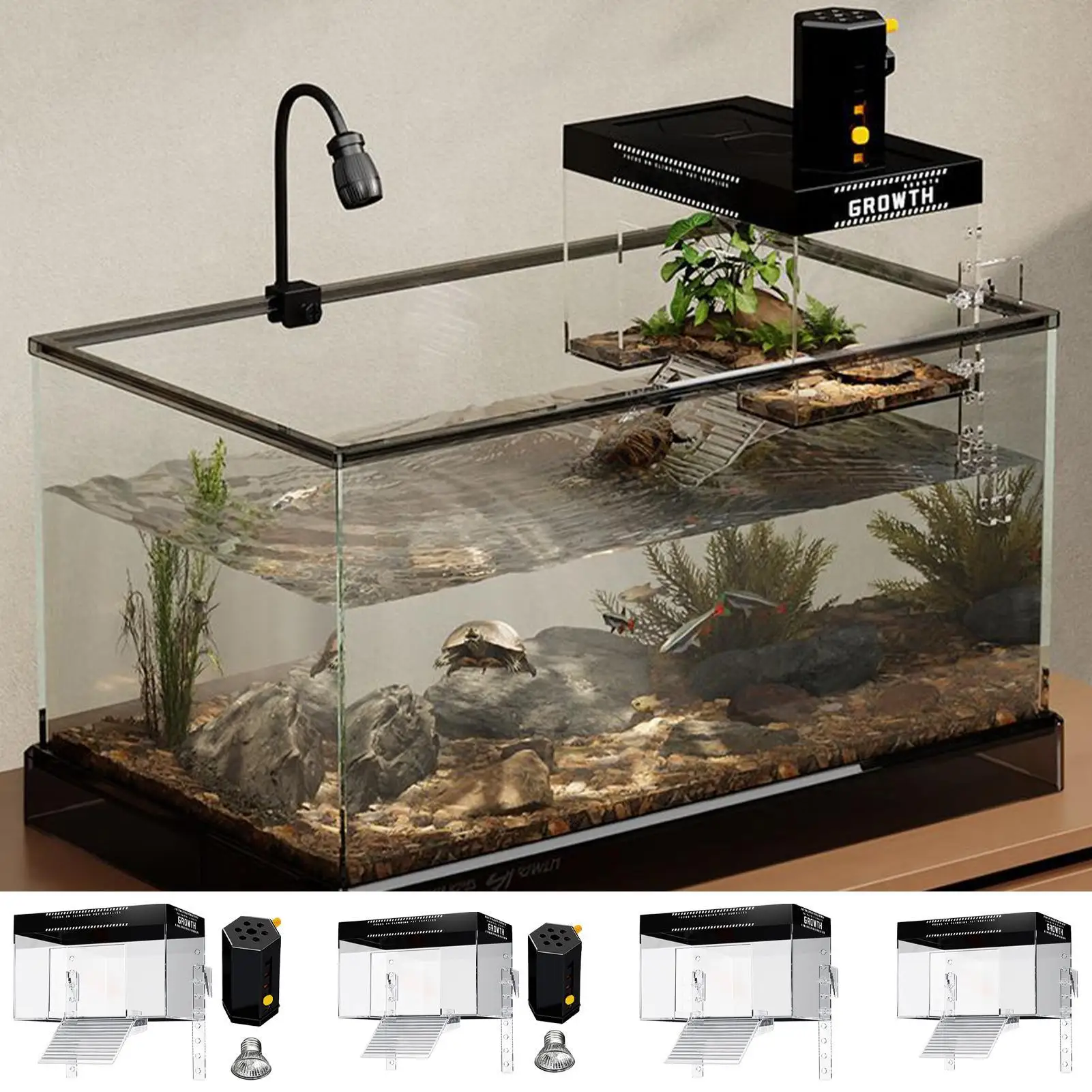 Terrarium pour tortues avec zone de basking antidérapante, zone de repos pour reptiles, observation des animaux avec rampe, enclos aquatique pour tortues aquatiques