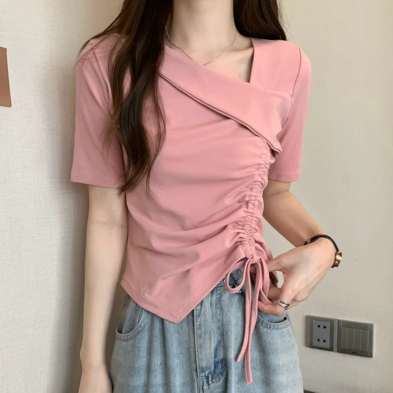 Women Drawstring Tie Up Ruched Tops Lady Daily Office Short Sleeved T-shirts Female Outside Casual Skew Collar Designer Clothes