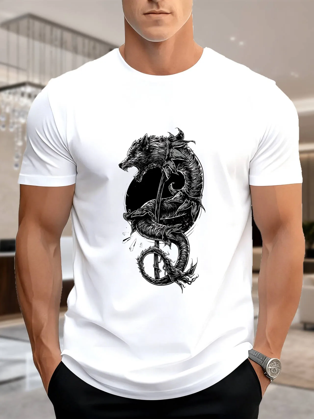 تي شيرت رجالي مطبوع عليه Dragon-Snake - تي شيرت مريح 100% قطن يسمح بمرور الهواء، قميص كاجوال عصري بتصميم فني باللونين الأسود والأبيض، P #2