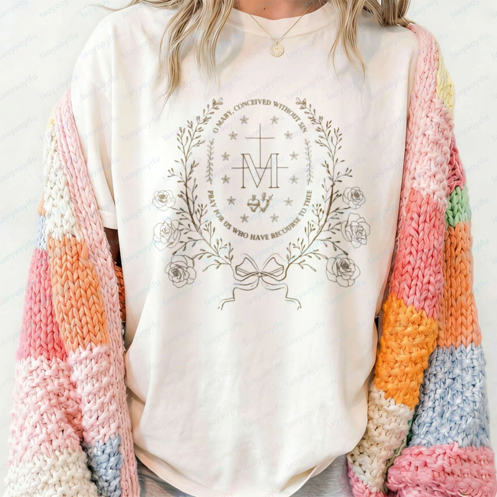Marian Catholic T-Shirt Virgin Mary Tee Catholic Gifts for Women Catholic Shirt Marian Cross Shirt Floral Women Religious Tops