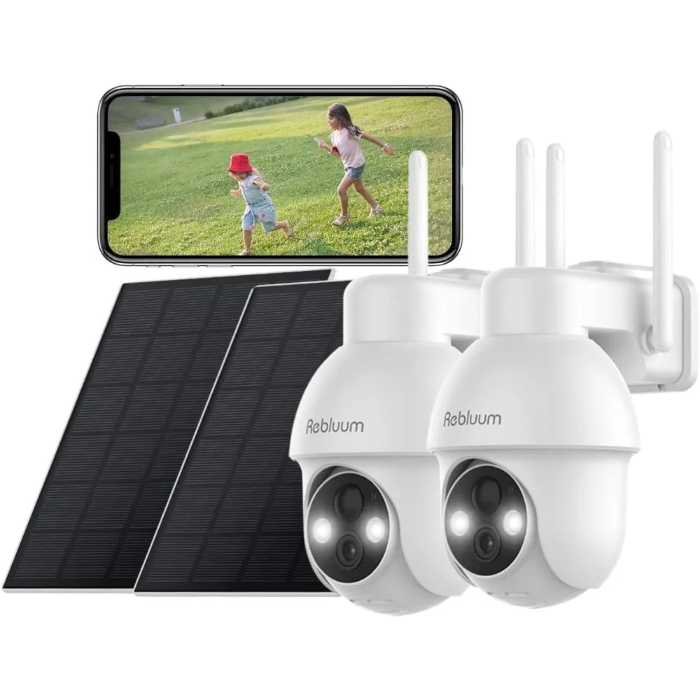 Outdoor Solar Cameras 2-Pack: 360 Pan Tilt, Color Night Vision, PIR Sensor, AI Motion, Waterproof