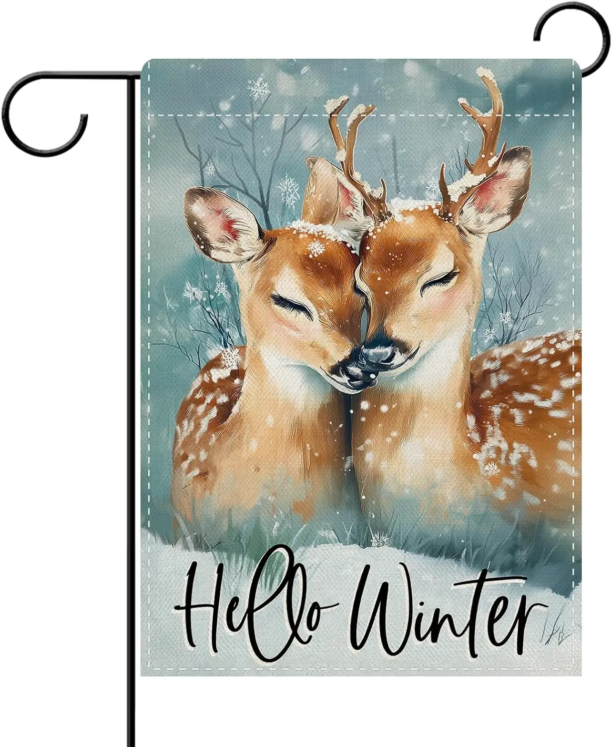 Hello Winter Reindeer Decorative Garden Flag, Snowy Cute Deer 12X18in