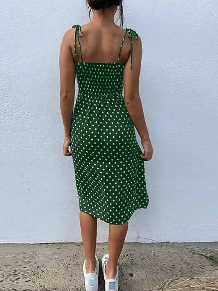 

Платья Сарафан Летнее женское повседневное пляжное платье без рукавов в горошек с высокой плиссировкой и эластичной резинкой на талии с v-образным вырезом Vestidos De Verano