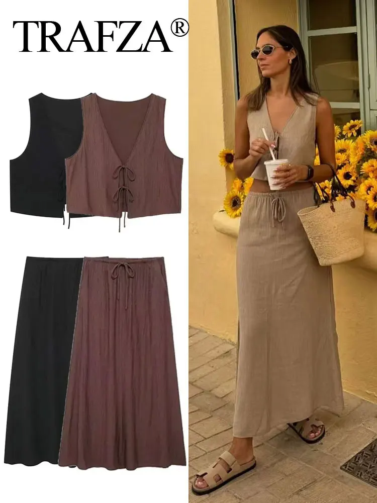 TRAFZA 2024 Summer Women\'s Retro Solid 2 Piece Set Sleeveless Hollow Out Lace Up V Neck Vest+Drawstring Midi Skirt Casual Set